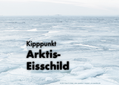 Eine endlose Fläche von Eisschollen: das Packeis im Nordpolarmeer. Darüber steht: "Arktis-Eisschild am Kipppunkt" | © Claus R. Kullak | crk-respublica.de