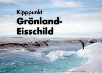 Ein reißender Schmelzwasserstrom auf dem Grönland-Eisschild. Darüber steht: "Klimawandel: Grönland-Eisschild" | © Claus R. Kullak | crk-respublica.de