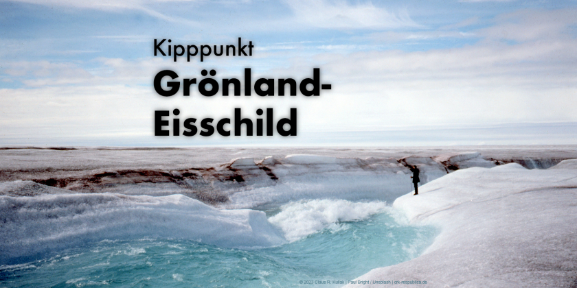 Ein reißender Schmelzwasserstrom auf dem Grönland-Eisschild. Darüber steht: "Klimawandel: Grönland-Eisschild" | © Claus R. Kullak | crk-respublica.de