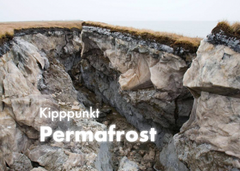 Eine große Scholle des Permafrostbodens kippt, weil ihr Halt ab getaut ist. Man sieht deutlich, wie dünn die Vegetationsschicht über meterdickem Eis ist. Darüber steht: "Klimawandel: Permafrost" | © Claus R. Kullak | crk-respublica.de