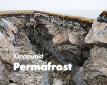 Eine große Scholle des Permafrostbodens kippt, weil ihr Halt ab getaut ist. Man sieht deutlich, wie dünn die Vegetationsschicht über meterdickem Eis ist. Darüber steht: "Klimawandel: Permafrost" | © Claus R. Kullak | crk-respublica.de